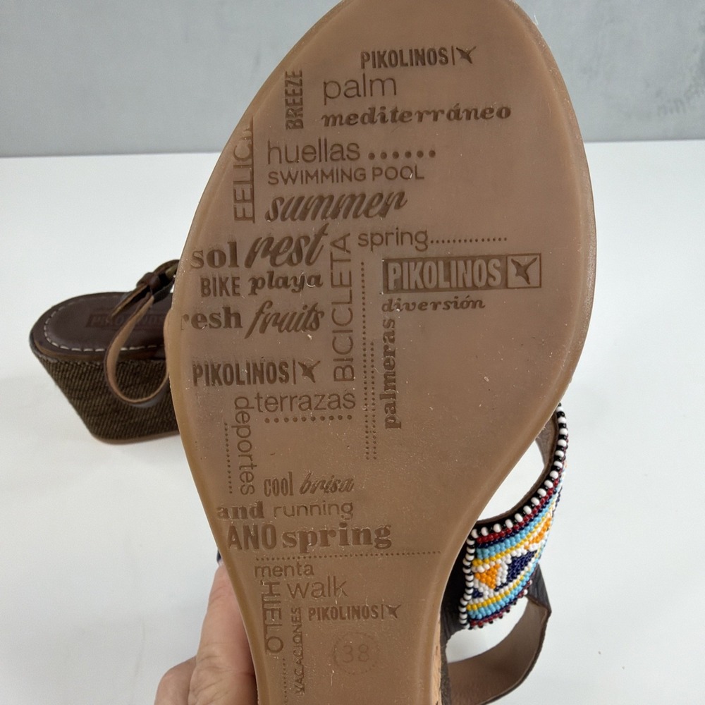 Pikolinos Womens 38 Brown Leather Beaded Wedge Sandals Boho Made in Spain - Picture 8 of 16